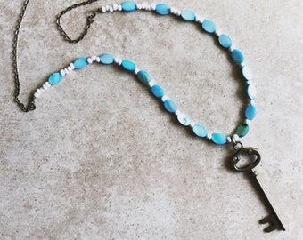 Aqua and bronze bohemian key necklace // beach key necklace // bright blue beaded necklace