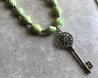 Lime green polished stone key necklace // repurposed bead necklace // skeleton key necklace