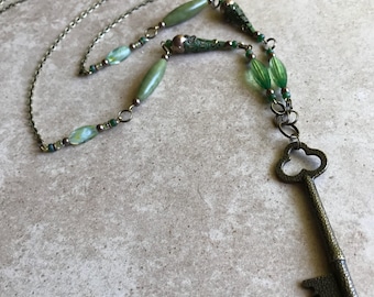 Jade green vintage rustic key necklace // long necklace with green beads // unique key necklace // tennessee