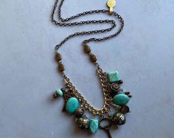 Bronze and Teal bauble necklace with key charms // Charm necklace with decorative bronze beads and turquoise colors