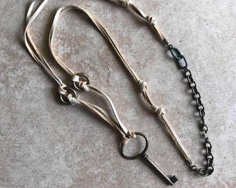 Beige suede bohemian key necklace // Unique bronze skeleton key necklace