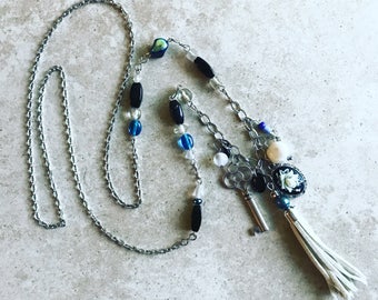 Charm necklace with tassel and vintage key // bohemian charm necklace // long key necklace