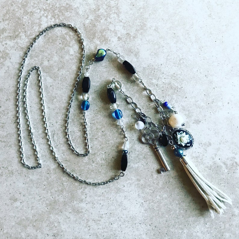 Charm Necklace With Tassel and Vintage Key // Bohemian Charm Etsy