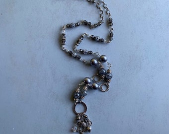 Long gray and silver key charm necklace // Long necklace with gray and silver beads // Long Key Necklace