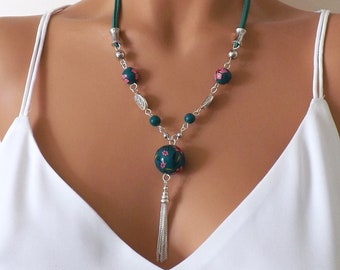 Collier fantaisie en perles faites à la main en pâte polymère, Bijoux femme élégant et originaux