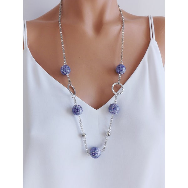 Sautoir moderne collier long en perles fantaisie violet et bleu pour femme, bijoux faits main en pâte polymère