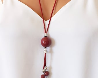 Collier sautoir rouge bordeaux pour femme, perles faites à la main en pâte polymère