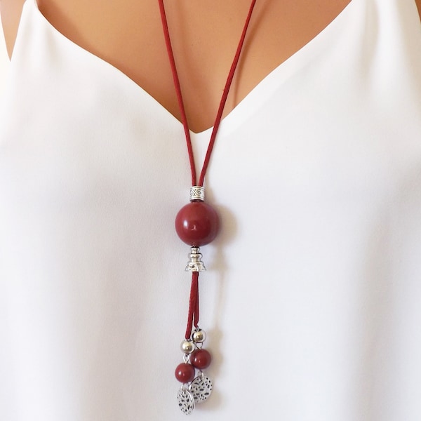 Collier sautoir rouge bordeaux pour femme, perles faites à la main en pâte polymère