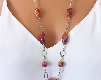 Sautoir femme en perles multicolores faites à la main, Collier long artisanal