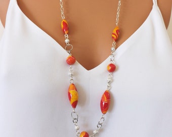 Sautoir rouge et jaune pour femme, un collier idéal pour l'été, bijoux fantaisie en perles faites à la main