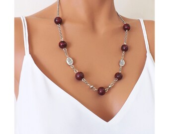 Collier femme en perles faites à la main noir et bordeaux