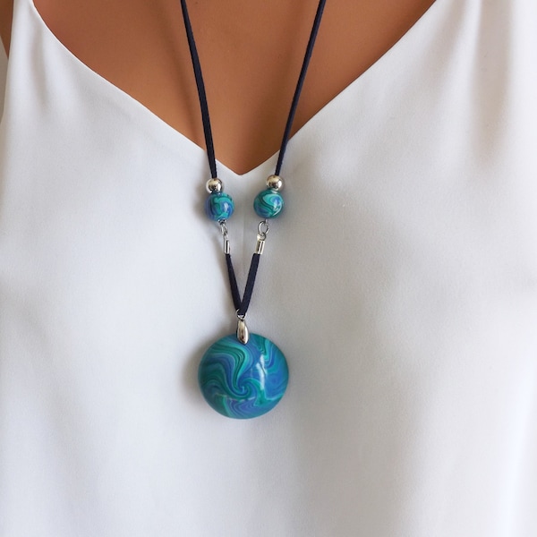 original long necklace for women, handmade pendant in polymer clay on navy blue cord