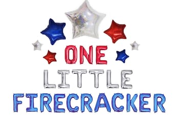 May include: One Little Firecracker balloon banner with red, white, and blue foil balloons. The banner is perfect for a first birthday party.