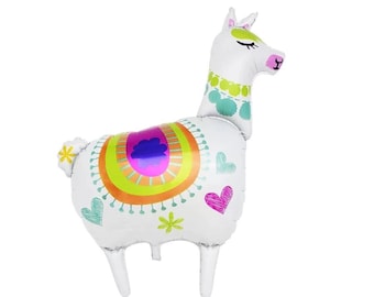 May include: A white llama-shaped foil balloon featuring a colorful saddle blanket design in shades of orange, yellow, and purple. The balloon is decorated with small green and pink heart and flower illustrations, with a pink nose and closed eyes.