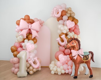 Pink Girly Rodeo Birthday Party Decorations Horse Balloon Garland Bow Coquette Balloon Arch Decor for Girls 1st Birthday Party Supplies Pony