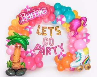 Vamos, vamos a la fiesta, decoraciones para despedida de soltera en Malibú, arco de globos, decoración para fiesta de cumpleaños con temática de muñecas de playa, guirnalda de globos con temática de Malibú