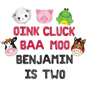 Oink Cluck Baa Moo Custom Name Is Two Balloon Banner Birthday Sheep Pig Toad Cow Horse 2nd Birthday Party Decorations Farm Farmer Themed