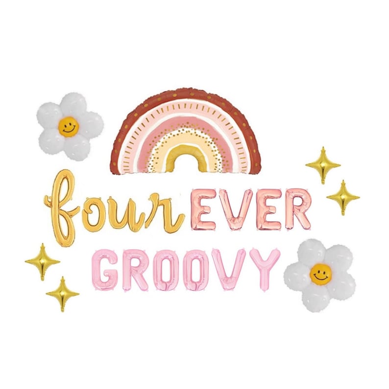 May include: A collection of party balloons in a groovy theme. Includes a rainbow, two white daisy balloons with smiling faces, gold starburst balloons, and the words "four EVER GROOVY" in gold and pink.
