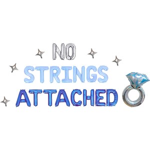 May include: A collection of foil balloons spelling out "NO STRINGS ATTACHED" in silver and shades of blue. A diamond ring balloon and star-shaped balloons complete the festive arrangement, perfect for a party.
