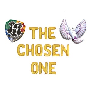 May include: A set of gold foil balloons spelling out THE CHOSEN ONE, accompanied by a shield-shaped balloon featuring a crest with the letter H and the word Hogwarts, and a white owl balloon with spread wings and purple accents on its feathers.