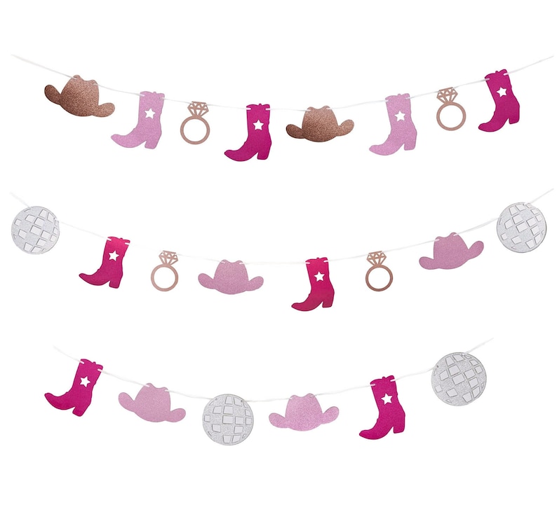 May include: A decorative banner with cut-out shapes of cowboy boots, hats, disco balls, and engagement rings. The boots and hats are pink and brown, with a star on the boots. The disco balls are silver, and the rings are rose gold.