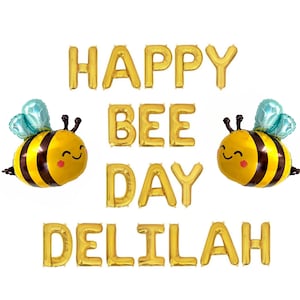 Happy Bee Day Custom Name Balloon Banner Bee Kids Birthday Party Decor Bumble Bee Balloon First Birthday Party Balloons Bee Party Decor