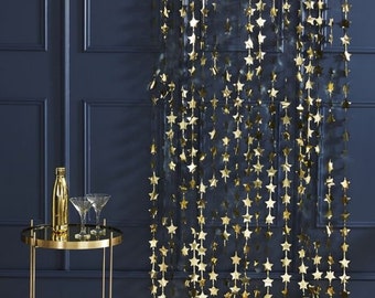Gold Star Fringe Tinsel Garland NYE 2023 Decorations Short Backdrop Banner Fringe Curtain Gold Silver New Years Decor