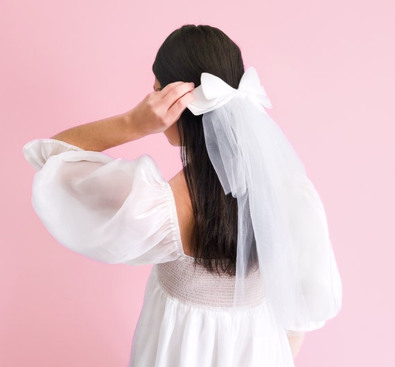 Bridal Hair Bow Veil White Satin Pearl Clip for Wedding Bridal Shower Amazon.com: White Pearl Bridal Hair Bow Clip with Short Veil  main image 3