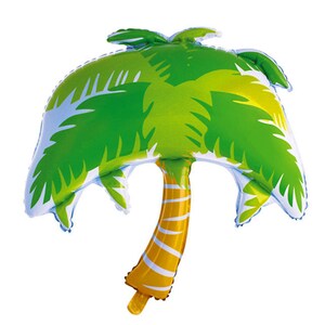 May include: A palm tree shaped foil balloon featuring a vibrant green canopy with darker green frond details and a yellow trunk with white horizontal stripes. The balloon has a smooth, reflective surface and a distinct, rounded silhouette.