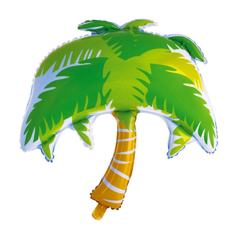 May include: A palm tree shaped foil balloon featuring a vibrant green canopy with darker green frond details and a yellow trunk with white horizontal stripes. The balloon has a smooth, reflective surface and a distinct, rounded silhouette.