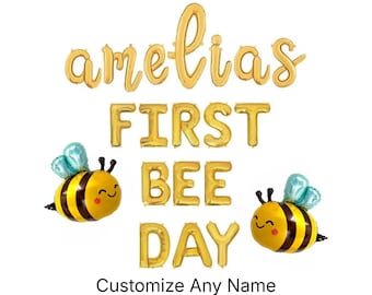 Her First Bee Day Custom Name Balloon Banner Bee First Birthday Party Decor Bumble Bee Balloon 1st Birthday Party Balloons Honey One Girls