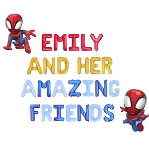 Puede incluir: Globos de papel de aluminio rojo, amarillo y azul deletrean "Emily and her amazing friends" con dos figuras de dibujos animados de Spider-Man rojo y azul a cada lado.