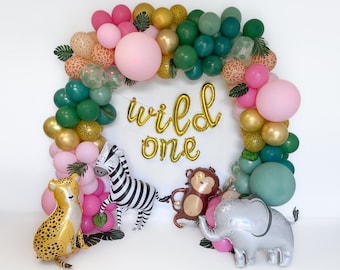 Jungle Birthday Party Decorations Wild One Balloon Garland Kit Jungle Girls Safari Balloon Arch Birthday Pink Green Jungle Safari Balloons