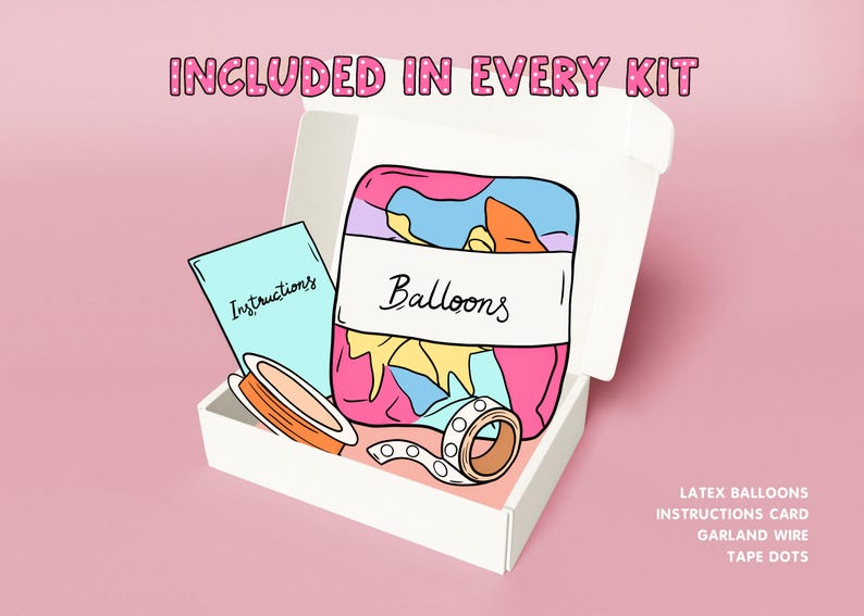 Pu&ograve; includere: Una scatola bianca con la scritta "INCLUSO IN OGNI KIT" contiene palloncini, istruzioni, nastro e punti adesivi. I palloncini sono colorati e le istruzioni sono su una scheda blu. Il kit include palloncini in lattice, una scheda di istruzioni, filo per ghirlande e punti adesivi.
