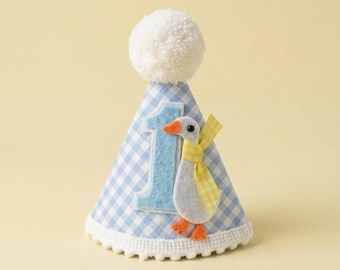 One Silly Goose Party Hat Blue Gingham Fabric and Felt Goose Hat One Silly Goose On The Loose 1st Birthday Party Decorations For Girls Boys