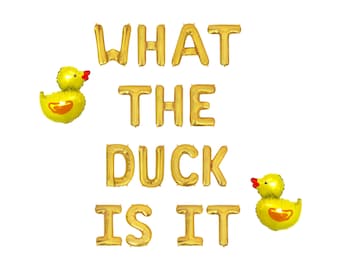 May include: Gold foil balloons spelling "WHAT THE DUCK IS IT" with two yellow duck-shaped balloons. The balloons are on a white background. The duck balloons have orange beaks and a red tongue.