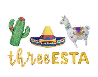 May include: A set of foil balloons including a green cactus with red flowers, a yellow and blue sombrero, a white llama with a colorful saddle, and gold letter balloons spelling out the word threeESTA in cursive and block lettering.