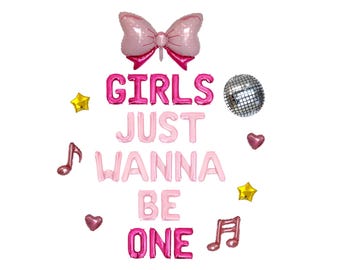 Puede incluir: Globos de papel de aluminio rosas y magenta que deletrean "GIRLS JUST WANNA BE ONE" con un lazo, una bola de discoteca, notas musicales, corazones y estrellas. Decoraciones de fiesta para un cumpleaños o celebración.