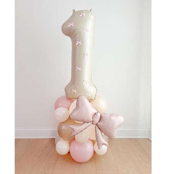 Pink and White Bow Tower Birthday Number Balloon Tower Pink and White Birthday 1st Birthday Pink Bow Party Baby Girl Pink Balloons With Bows