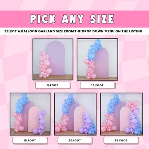 Pu&ograve; includere: Immagine che mostra le opzioni di dimensioni della ghirlanda di palloncini: 1,5, 3, 4,5, 6 e 7,5 metri. Ogni display presenta una disposizione di palloncini dai colori pastello su uno sfondo. Il testo recita "SCEGLI QUALSIASI DIMENSIONE" e "SELEZIONA UNA DIMENSIONE DELLA GHIRLANDA DI PALLONCINI DAL MENU A TENDINA NELL'ELENCO".