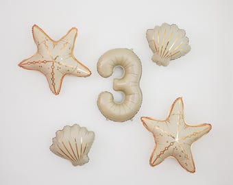 Globos de conchas marinas Decoración de cumpleaños con conchas Decoraciones para fiestas bajo el mar para niñas Suministros oceánicos Estrella de mar costera Crema de almejas Número gigante