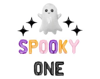 May include: A set of foil balloons featuring a white ghost, four black star-shaped balloons, and letter balloons spelling SPOOKY ONE. The word SPOOKY is in purple, orange, and pink, while the word ONE is in black, all against a white background.