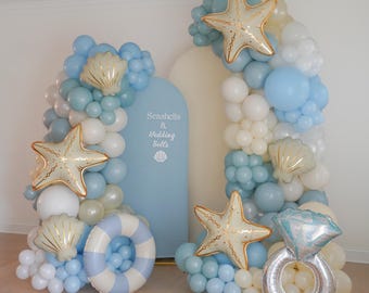 Seashells & Wedding Bells Bachelorette Party Beach Bachelorette Balloon Arch Blue Coastal Shell Decorations Last Toast On The Coast Favors