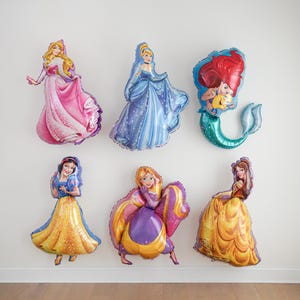 Pu&ograve; includere: Una collezione di sei palloncini in alluminio a forma di varie principesse animate. I palloncini raffigurano personaggi con abiti rosa, blu, gialli e viola, insieme a una sirena con capelli rossi e coda verde, tutti con finiture lucide.
