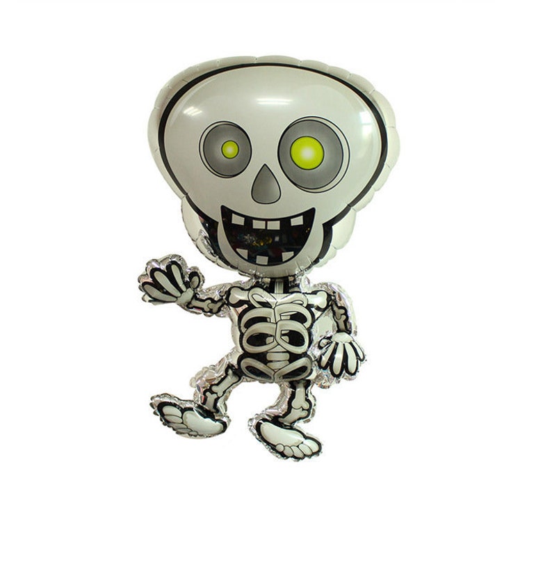 May include: A silver and white skeleton balloon with a big smile and green eyes. The balloon is shaped like a person and has a skeleton design.