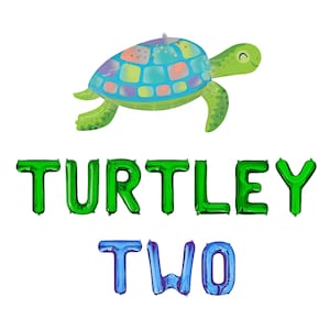 Może przedstawiać: Balon w kształcie ż&oacute;łwia z kolorową skorupą i zielonymi kończynami. Poniżej zielone balony z napisem "TURTLEY" i niebieskie balony z napisem "TWO". Radosna dekoracja na drugie urodziny.