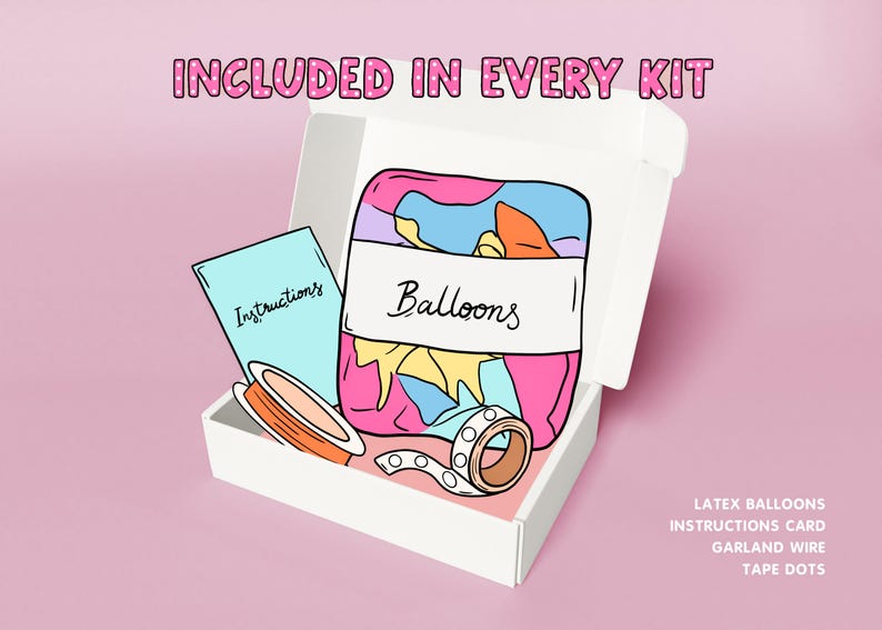 May include: A white box with the text "INCLUDED IN EVERY KIT" on a pink background. Inside the box are balloons, instructions, ribbon, and tape. The balloons are in a container labeled "Balloons".