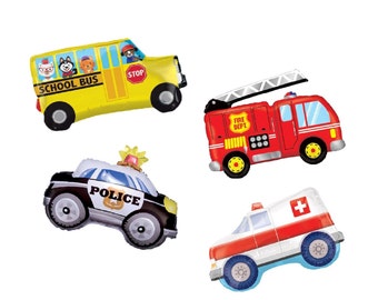 Fire Truck Police Car Ambulance and School Bus Balloons Kids Birthday Balloons Boys Toddler Back To School First Responder Cars Decorations