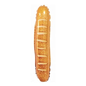May include: A golden-brown inflatable baguette balloon with white accents. The balloon is shaped like a loaf of bread, with detailed markings to mimic a real baguette. Perfect for a bakery or French-themed party.