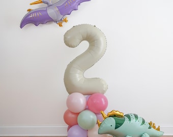 Pastel Dinosaur Balloon Tower Birthday Jumbo Number Balloon For Girls Dinosaur Balloon Arch Pink Purple Dino Party Supplies Two Rex 1st 2nd